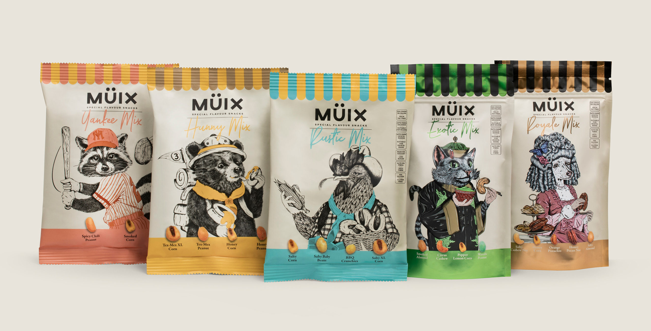 Müix混合口味堅果食品包裝設計“動物擬人”插畫