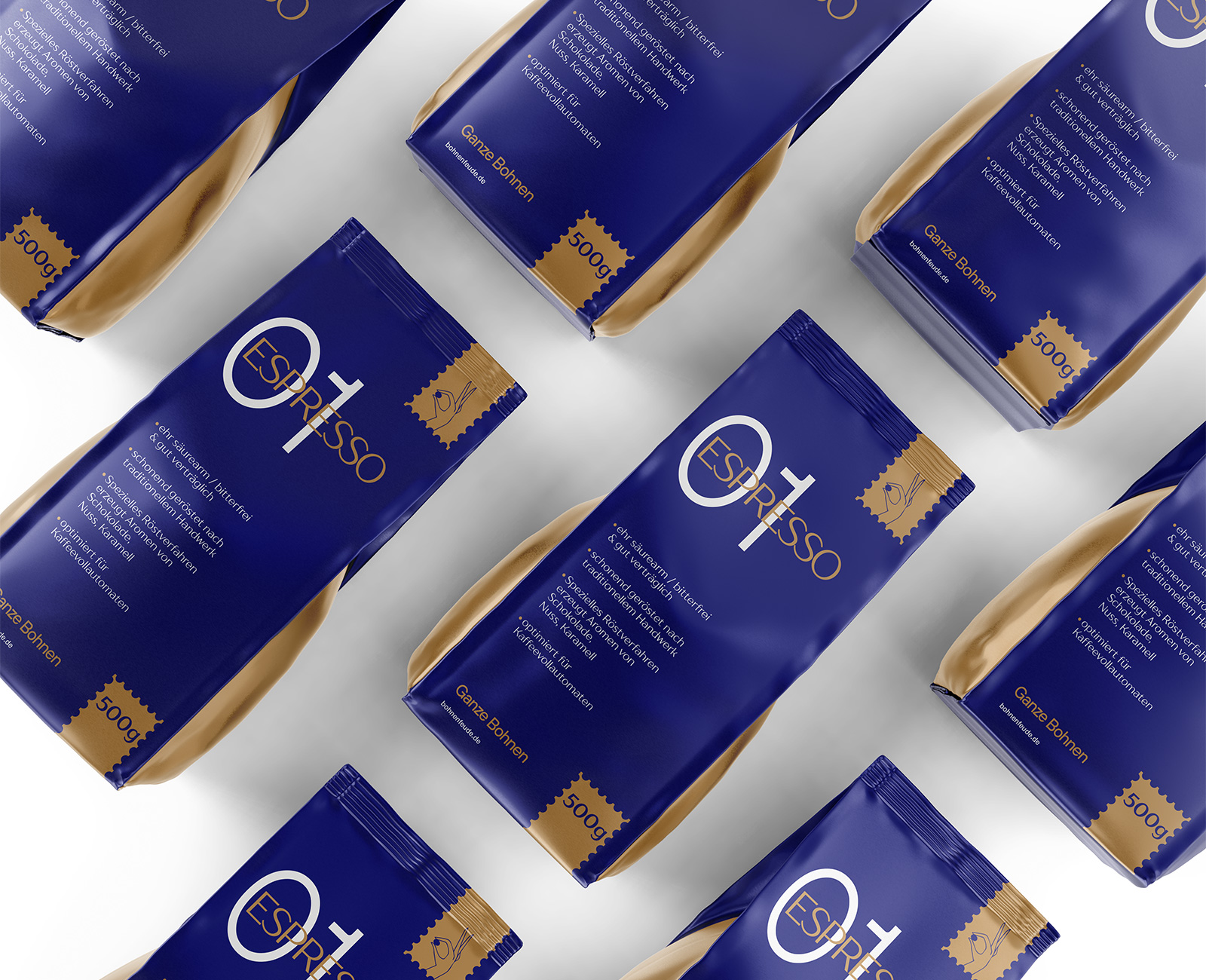 GANZE BOHNEN 精品袋裝咖啡包裝設計，金色和海軍藍設計