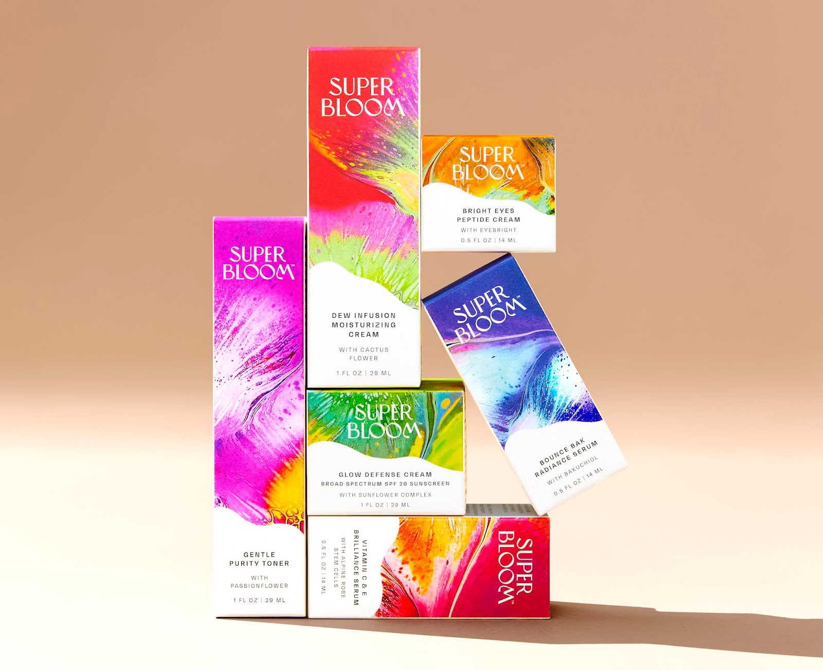 Superbloom 純植物素化妝品包裝設計，漸變水彩綻放女性美麗