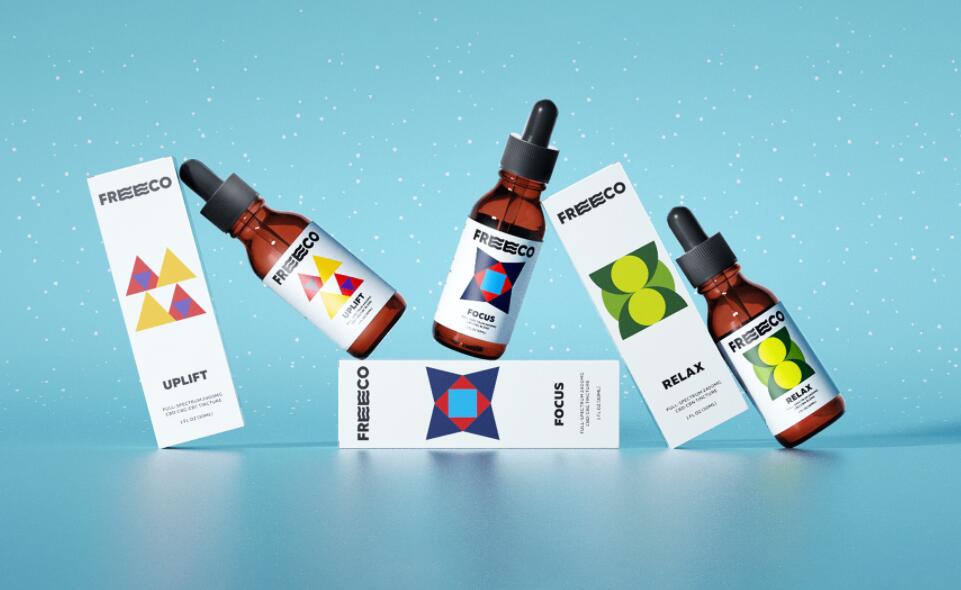 freeco天然大麻提取物滴劑藥品包裝設計，抽象幾何圖案組合