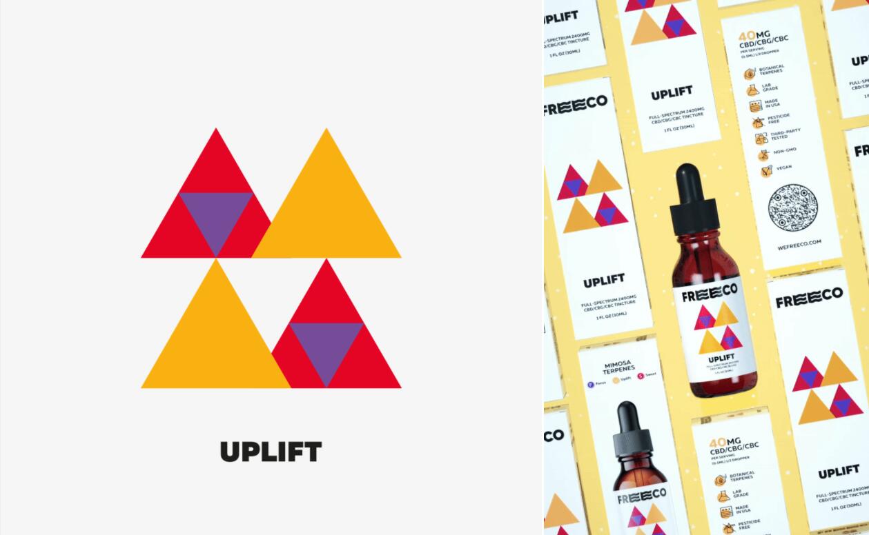 freeco天然大麻提取物滴劑藥品包裝設計，抽象幾何圖案組合