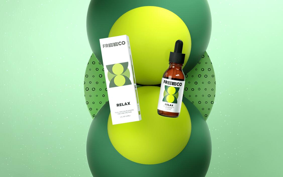 freeco天然大麻提取物滴劑藥品包裝設計，抽象幾何圖案組合