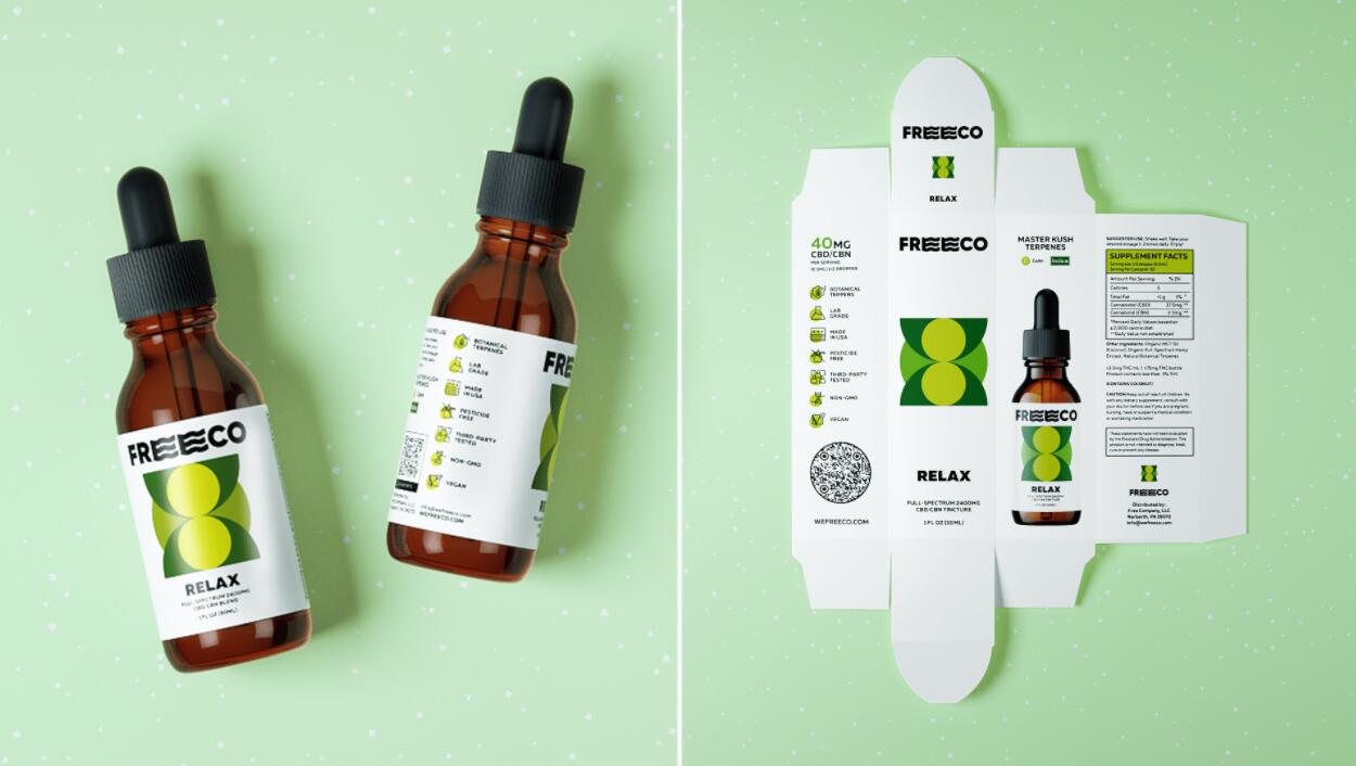 freeco天然大麻提取物滴劑藥品包裝設計，抽象幾何圖案組合