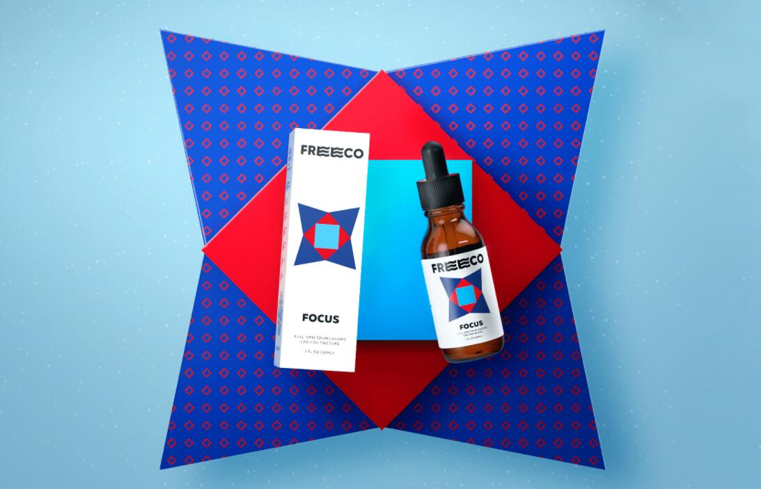 freeco天然大麻提取物滴劑藥品包裝設計，抽象幾何圖案組合