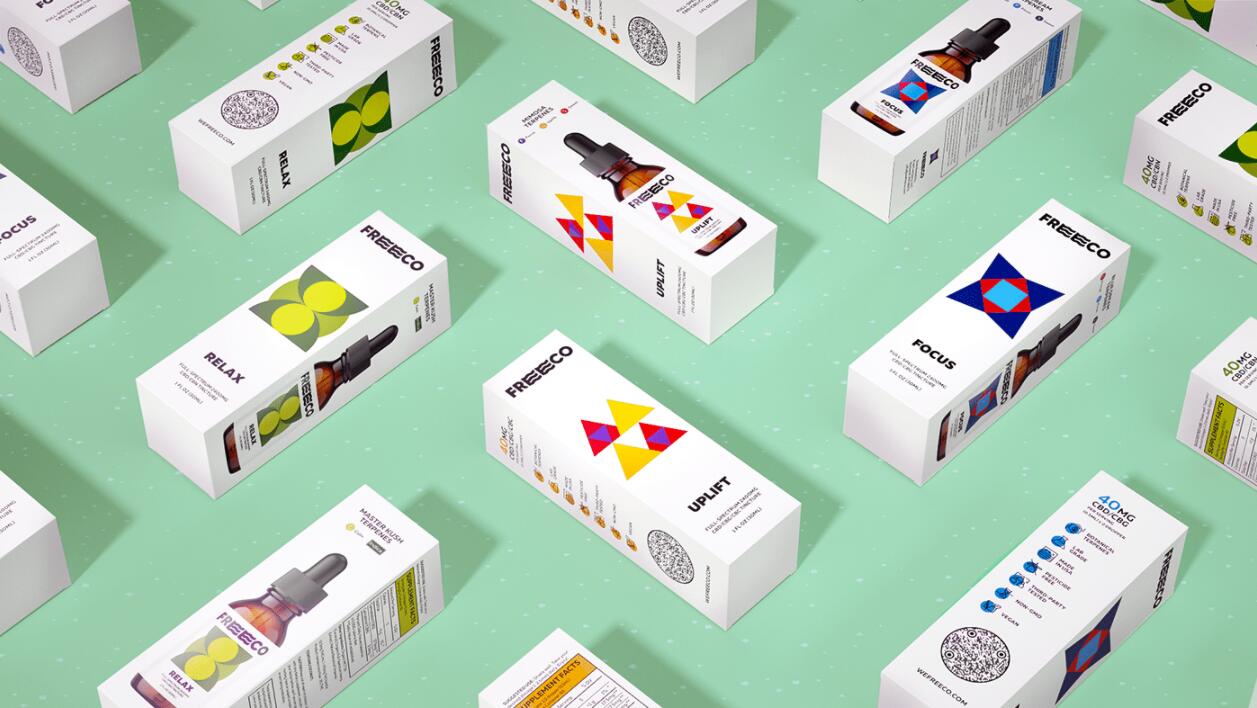 freeco天然大麻提取物滴劑藥品包裝設計，抽象幾何圖案組合