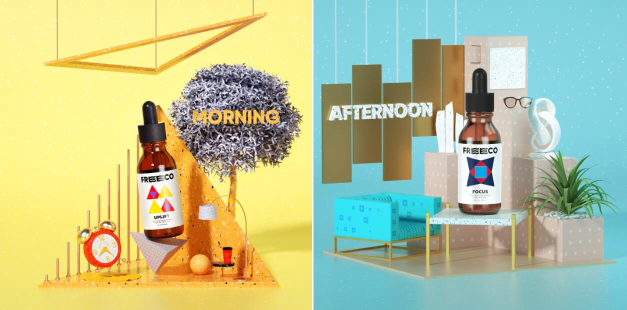 freeco天然大麻提取物滴劑藥品包裝設計，抽象幾何圖案組合