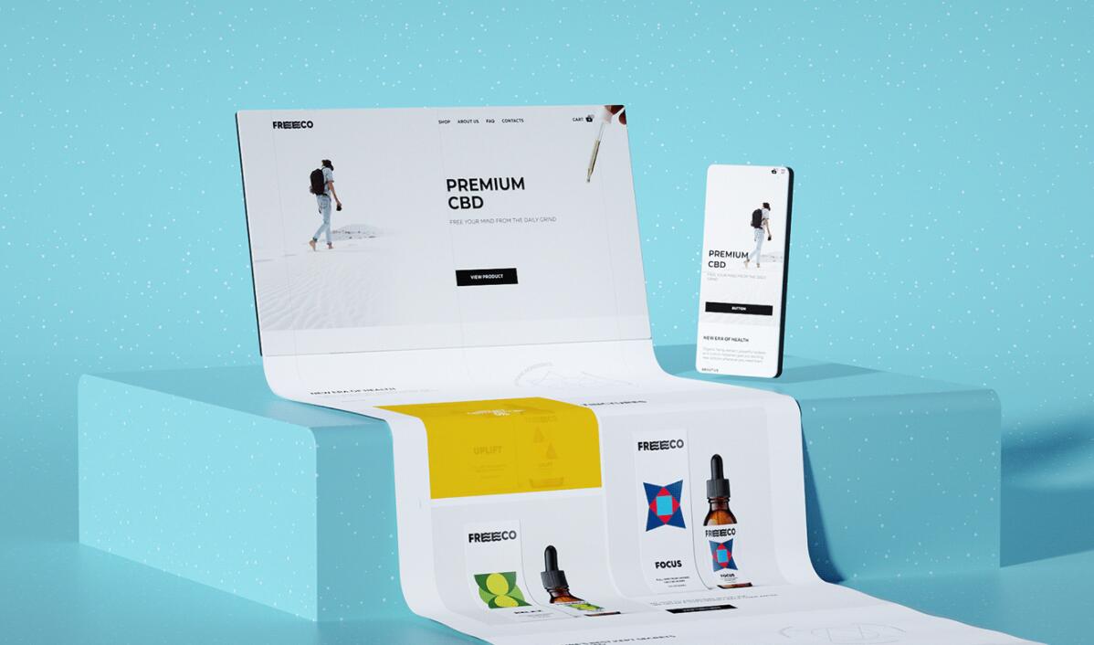 freeco天然大麻提取物滴劑藥品包裝設計，抽象幾何圖案組合