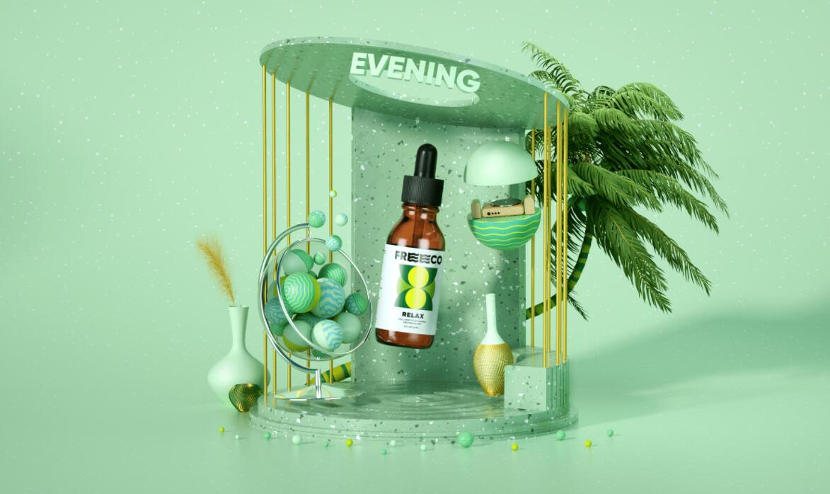 freeco天然大麻提取物滴劑藥品包裝設計，抽象幾何圖案組合