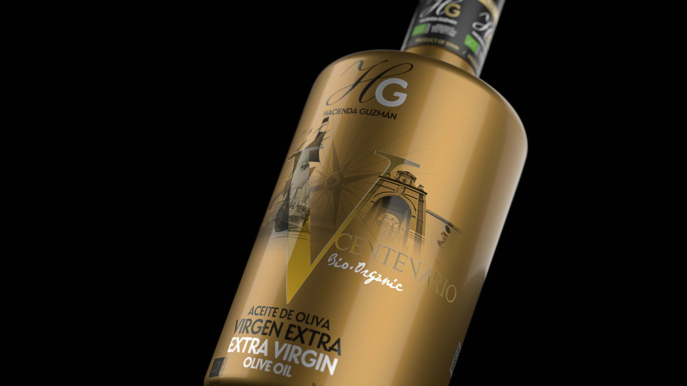 古茲曼莊園 V CENTENARIO橄欖油金裝包裝設計“城堡+v