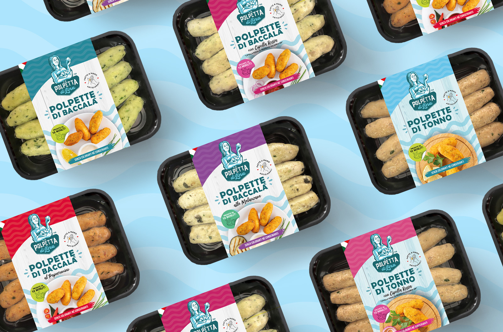 意大利莉娜魚丸包裝設計，藝術人物;logo+明亮配色