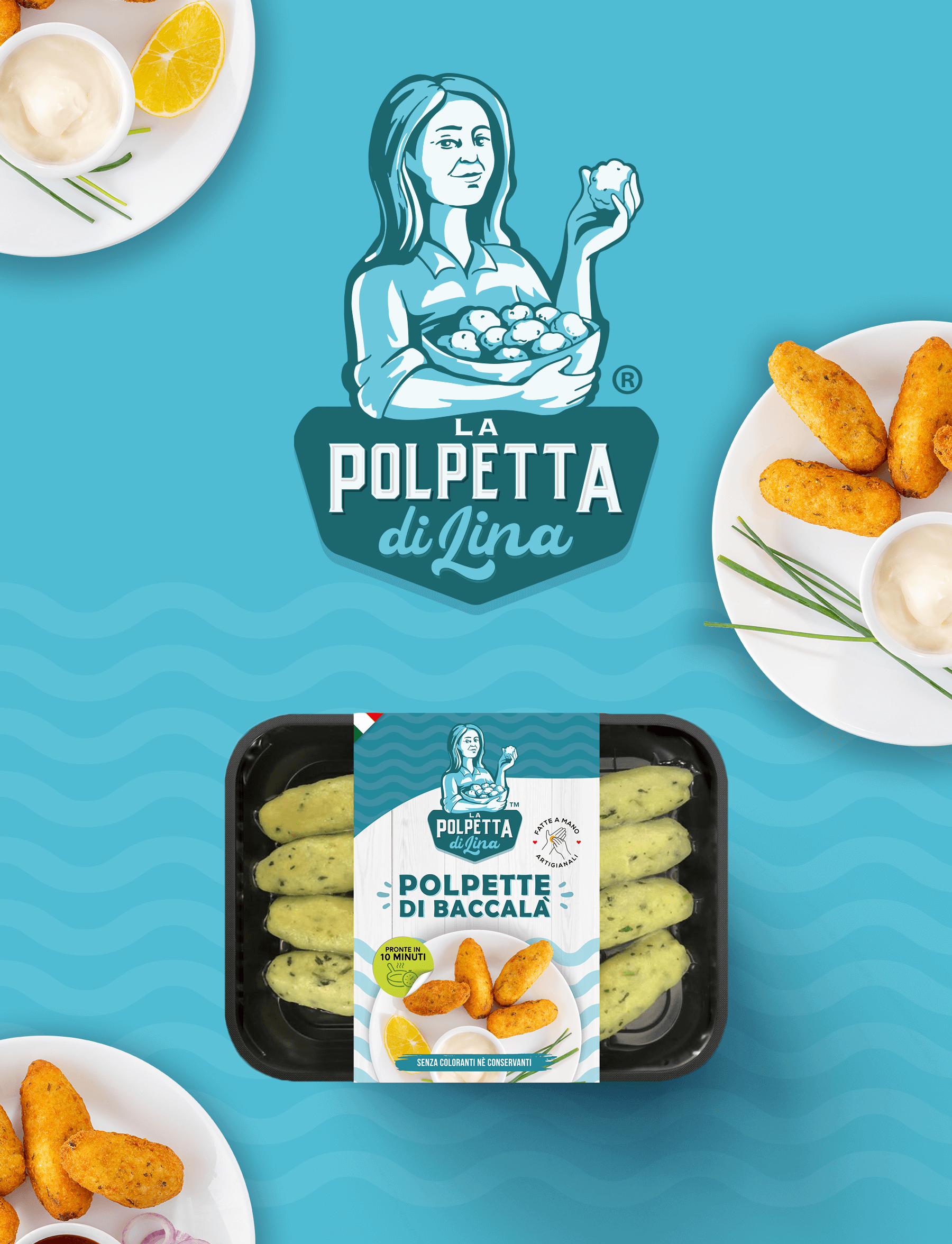 意大利莉娜魚丸包裝設計，藝術人物;logo+明亮配色