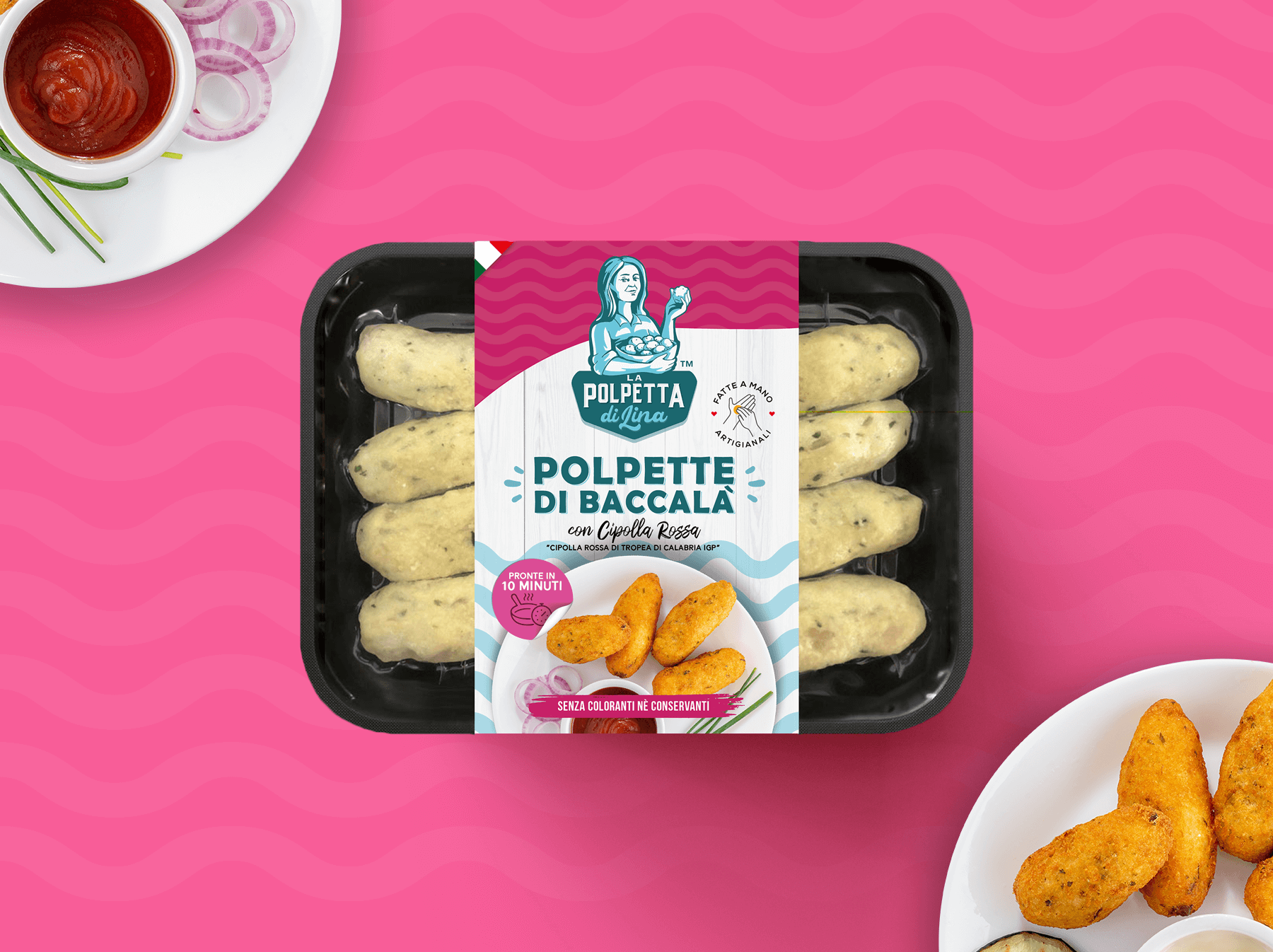 意大利莉娜魚丸包裝設計，藝術人物;logo+明亮配色