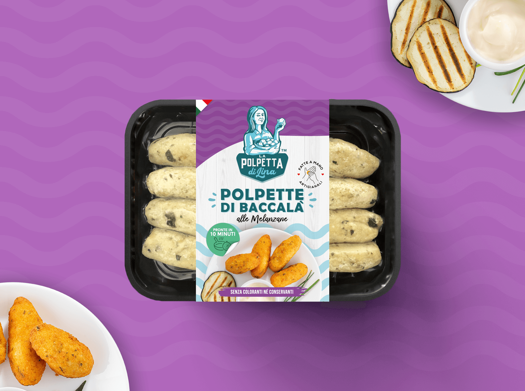 意大利莉娜魚丸包裝設計，藝術人物;logo+明亮配色