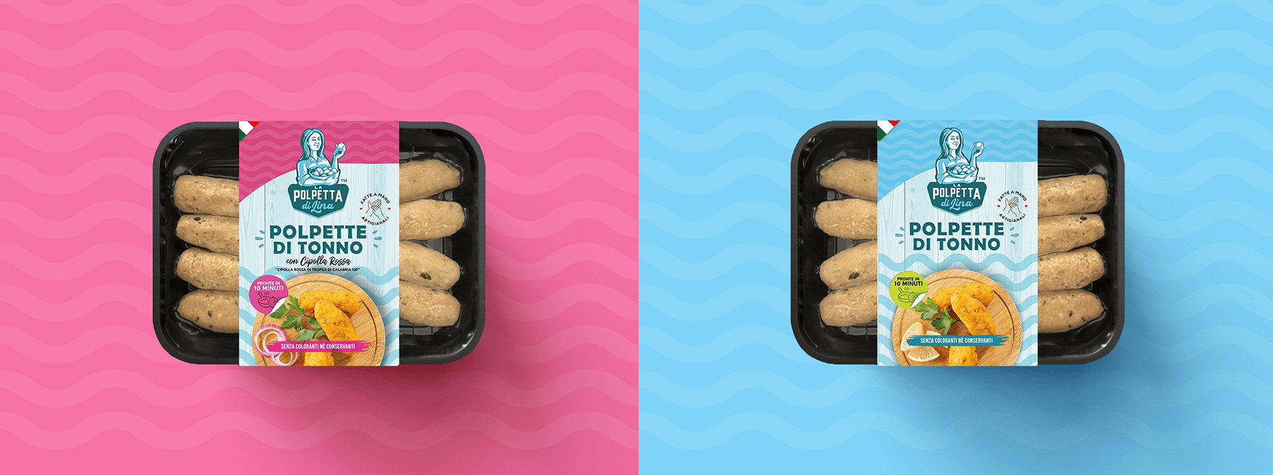 意大利莉娜魚丸包裝設計，藝術人物;logo+明亮配色