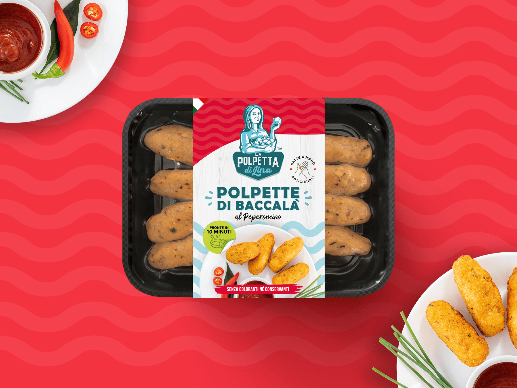 意大利莉娜魚丸包裝設計，藝術人物;logo+明亮配色