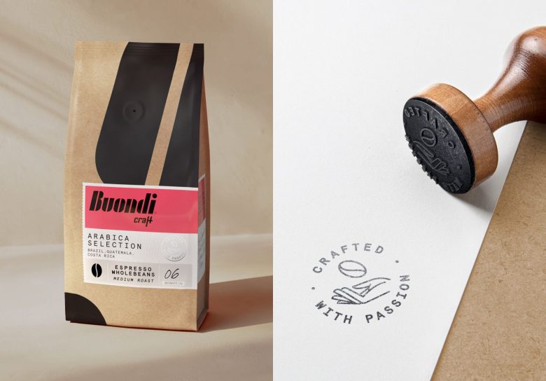 Buondi 咖啡標簽貼紙包裝設計與字母中間切開標志設計