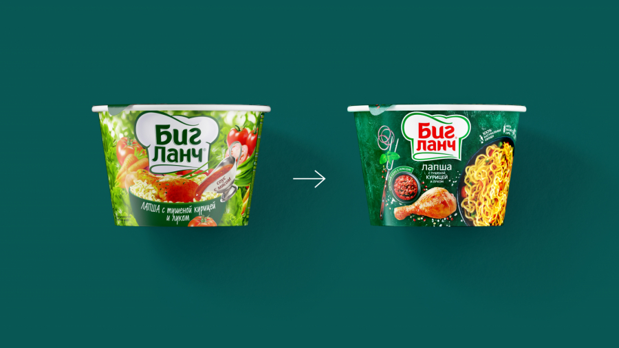 Big Lunch品牌桶裝方便面更新包裝設計概念“廚師刀下剛切出來的食料”-新舊包裝對比