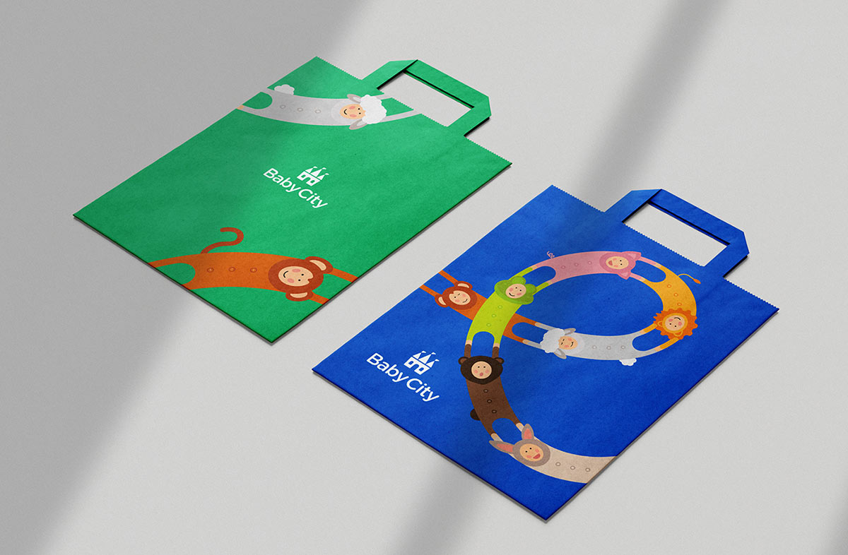 Baby City 嬰兒城嬰兒用品品牌vi設計，首尾相連的卡通人物視覺