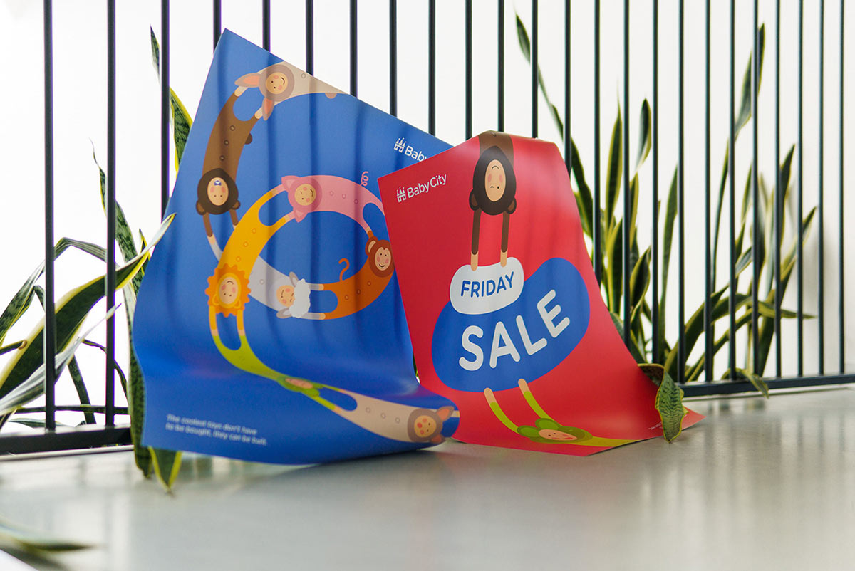 Baby City 嬰兒城嬰兒用品品牌vi設計，首尾相連的卡通人物視覺