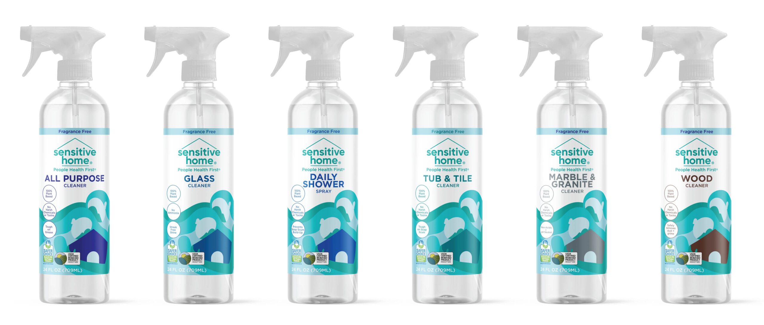 Sensitive Home敏感家居家用清潔劑洗衣液洗碗液logo設(shè)計包裝設(shè)計，兩個長發(fā)女人擁抱房子插畫