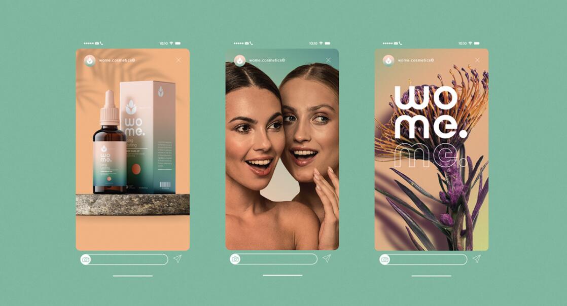 Wome 天然護膚品化妝品logo設計“水滴花朵”與產品包裝設計”金綠漸變色“