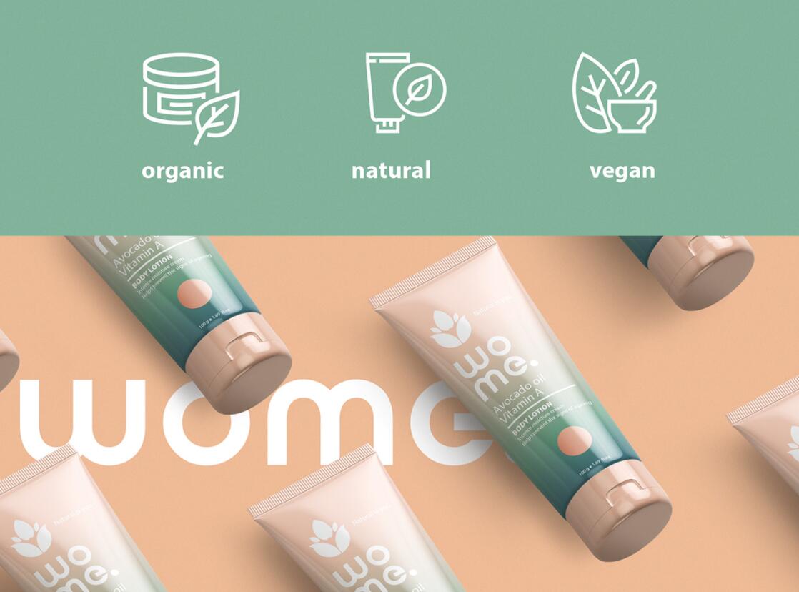 Wome 天然護膚品化妝品logo設計“水滴花朵”與產品包裝設計”金綠漸變色“