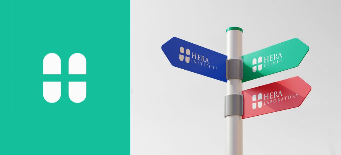 Hera Clinic 赫拉診所醫院logo設計vi設計，H字母+十字