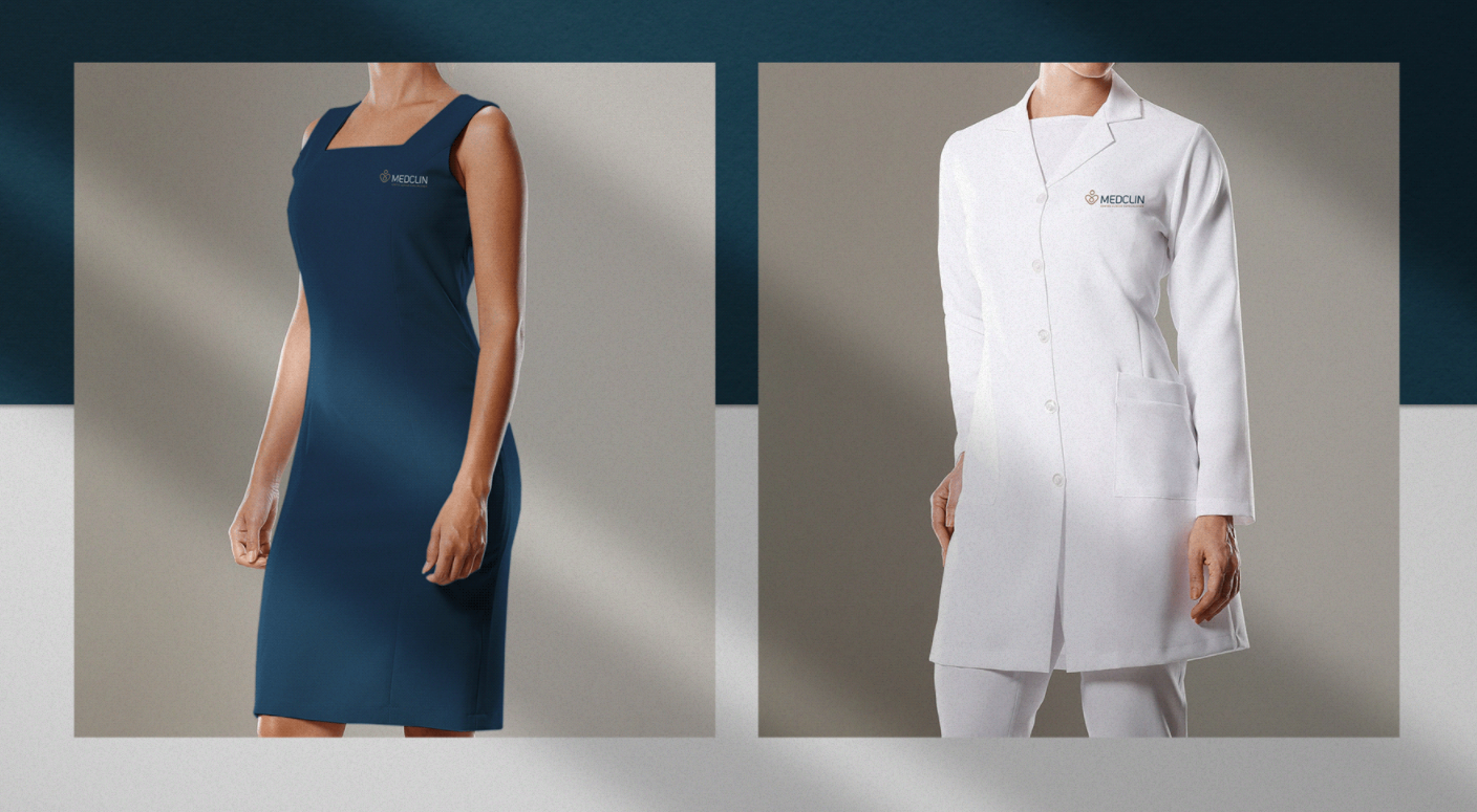 Medclin 高端醫療體檢醫院logo設計vi設計，藍金尊貴體驗氛圍