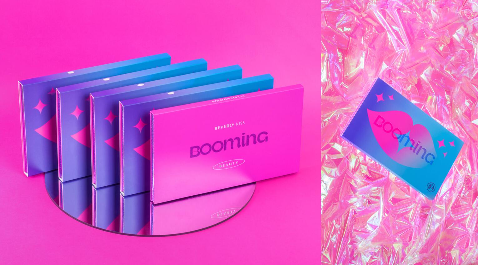 BOOMING 彩妝化妝品包裝設計，“粉金漸變色”金屬箔和閃光裝飾設計