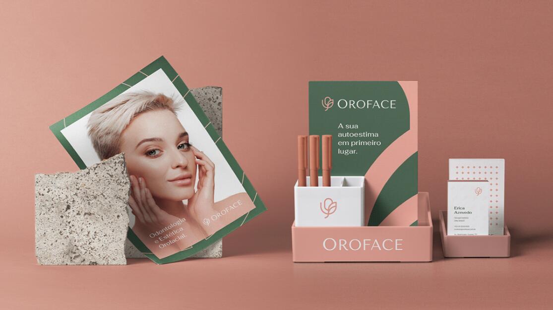 Oroface牙科牙齒矯正與口腔美容醫療診所logo設計vi設計，花朵字母logo+粉綠配色