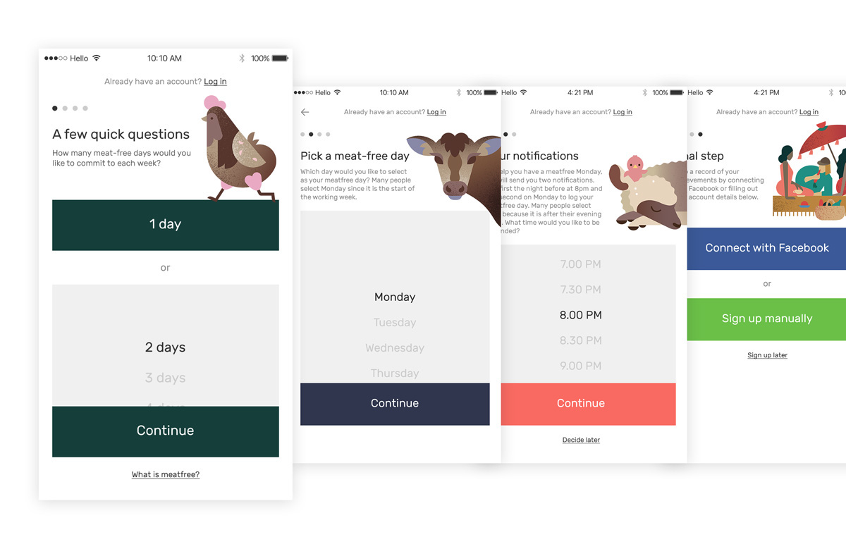 The Darwin Challenge不吃肉app應用程序界面設計與風景矢量插畫設計風格