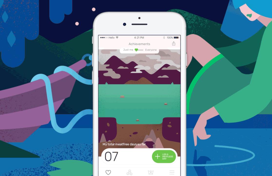 The Darwin Challenge不吃肉app應用程序界面設計與風景矢量插畫設計風格