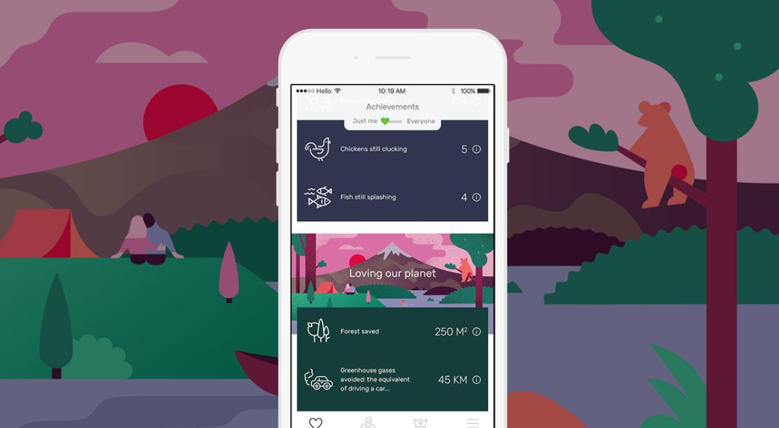 The Darwin Challenge不吃肉app應用程序界面設計與風景矢量插畫設計風格