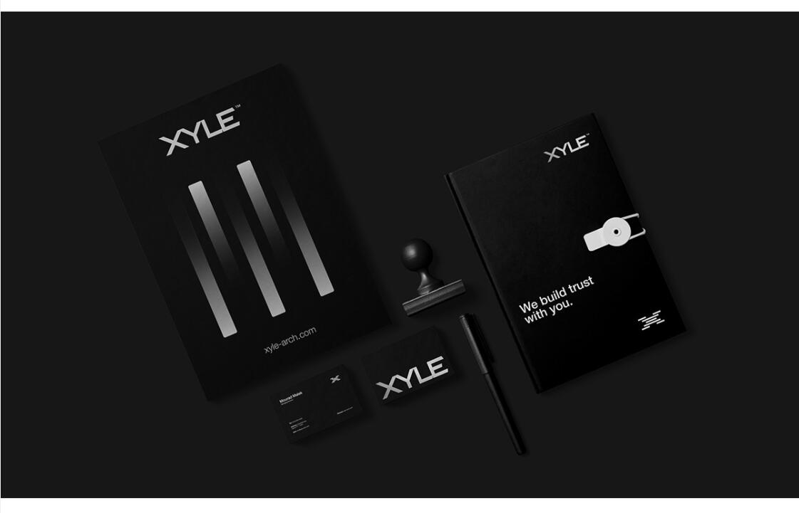 Xyle建筑設計公司logo設計品牌形象vis設計，x磚塊logo與超酷黑白漸變vi風