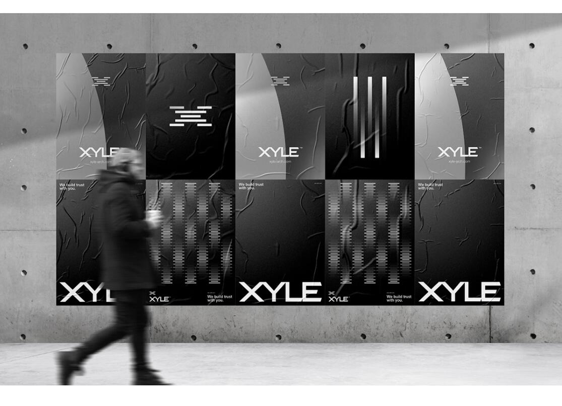 Xyle建筑設計公司logo設計品牌形象vis設計，x磚塊logo與超酷黑白漸變vi風