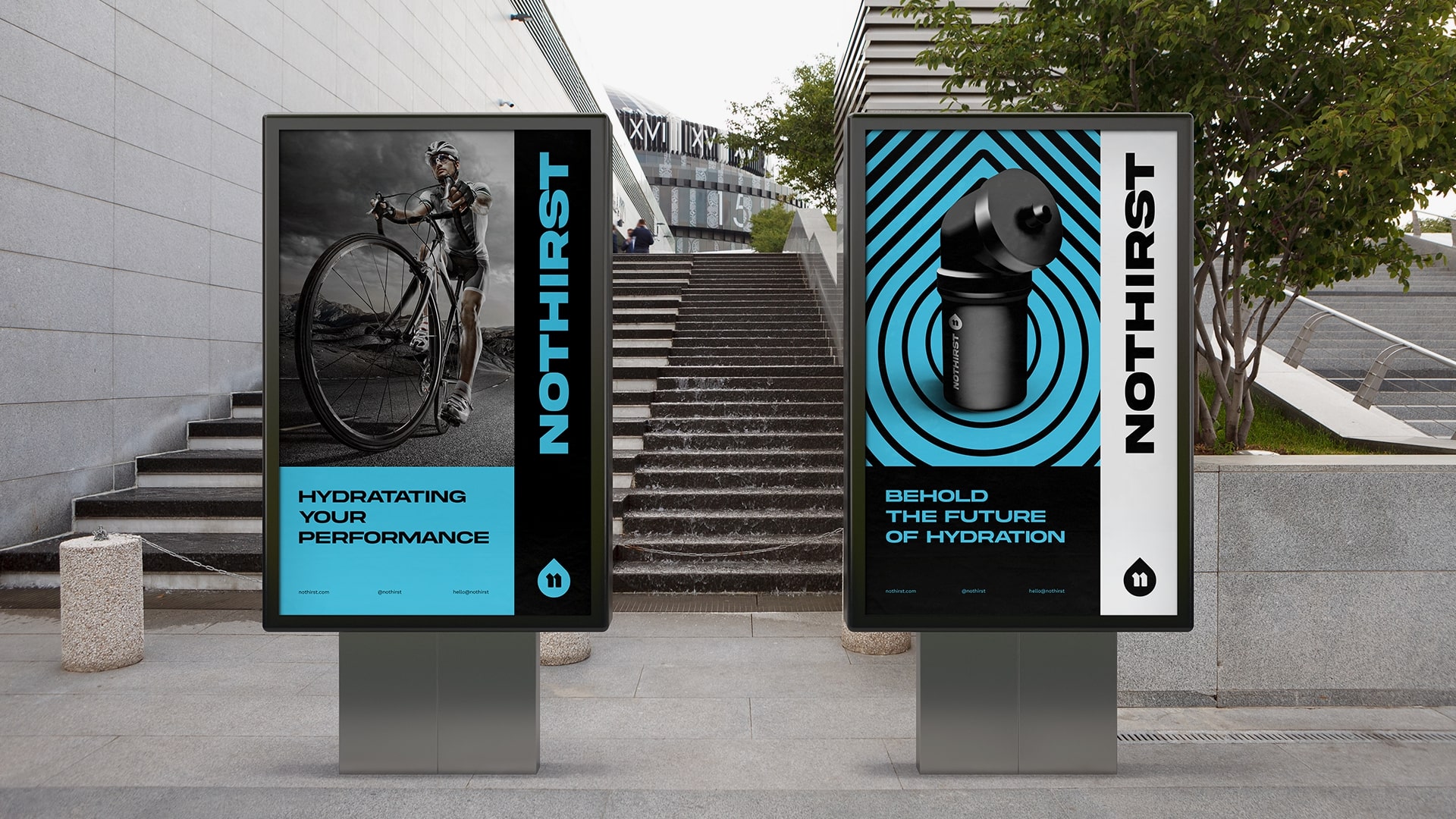 NoThirst 運動生活方式與運動水杯品牌形象vi設計，黑籃配色+幾何底紋輔助圖形