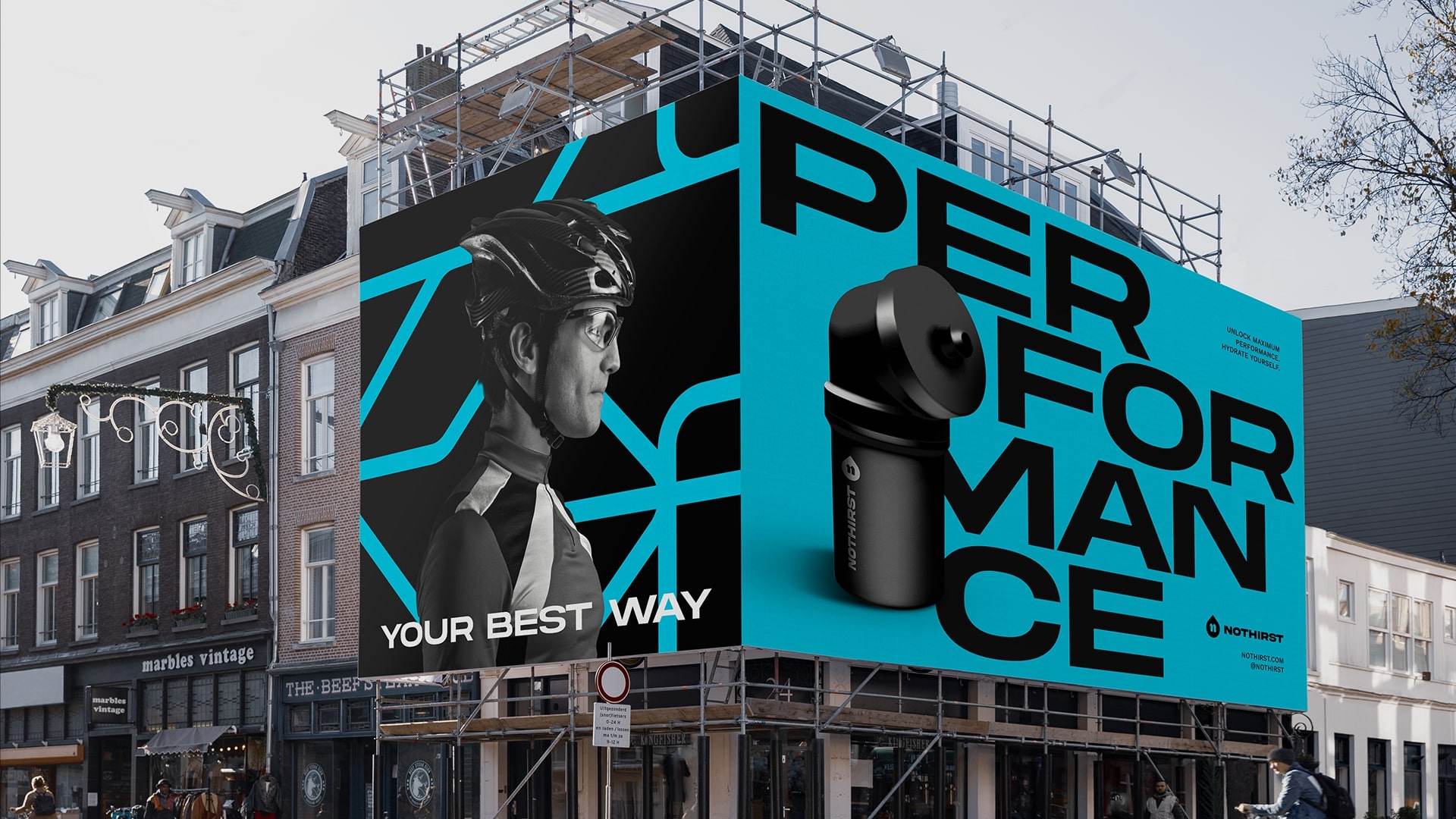 NoThirst 運動生活方式與運動水杯品牌形象vi設計，黑籃配色+幾何底紋輔助圖形