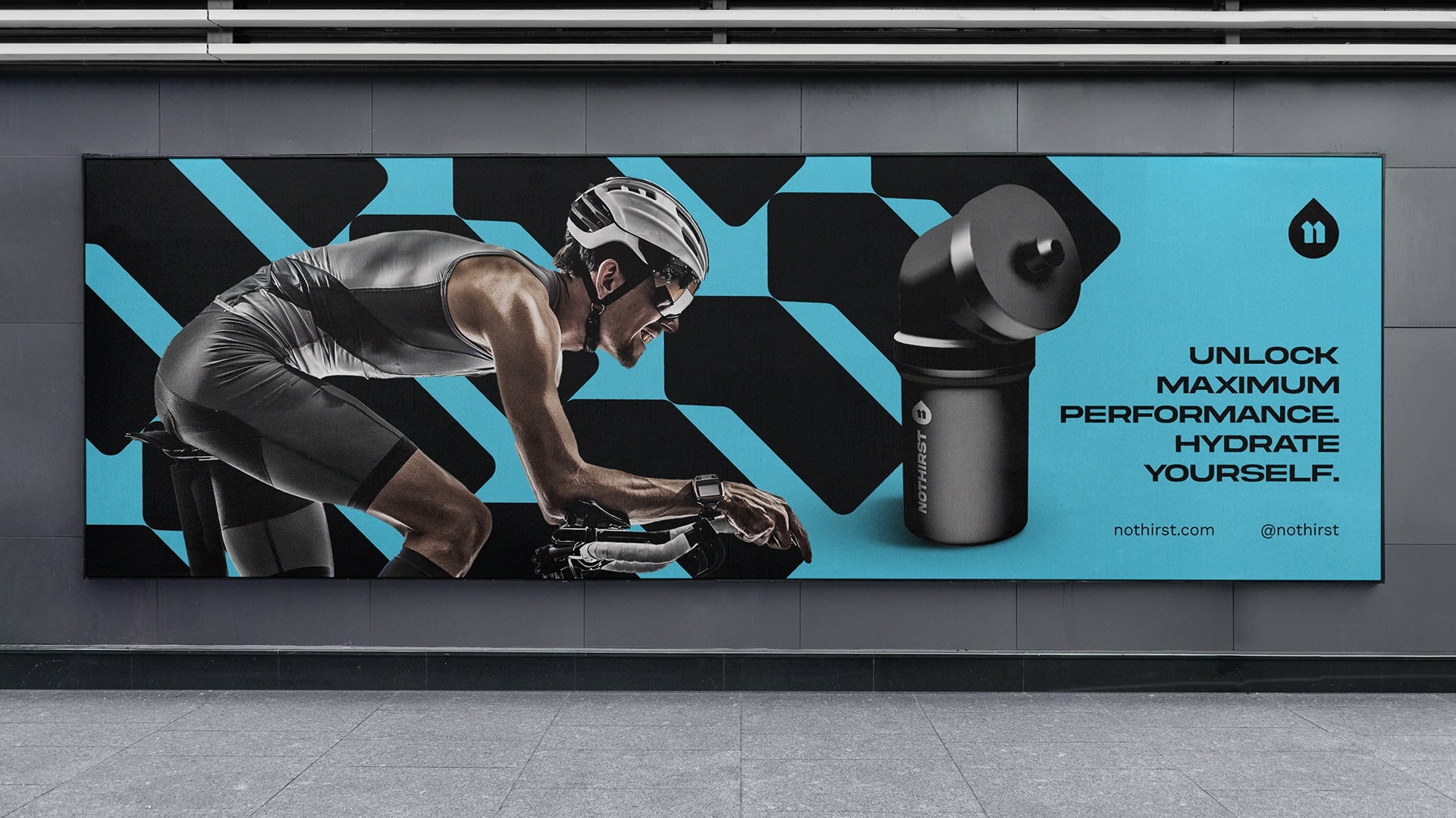 NoThirst 運動生活方式與運動水杯品牌形象vi設計，黑籃配色+幾何底紋輔助圖形