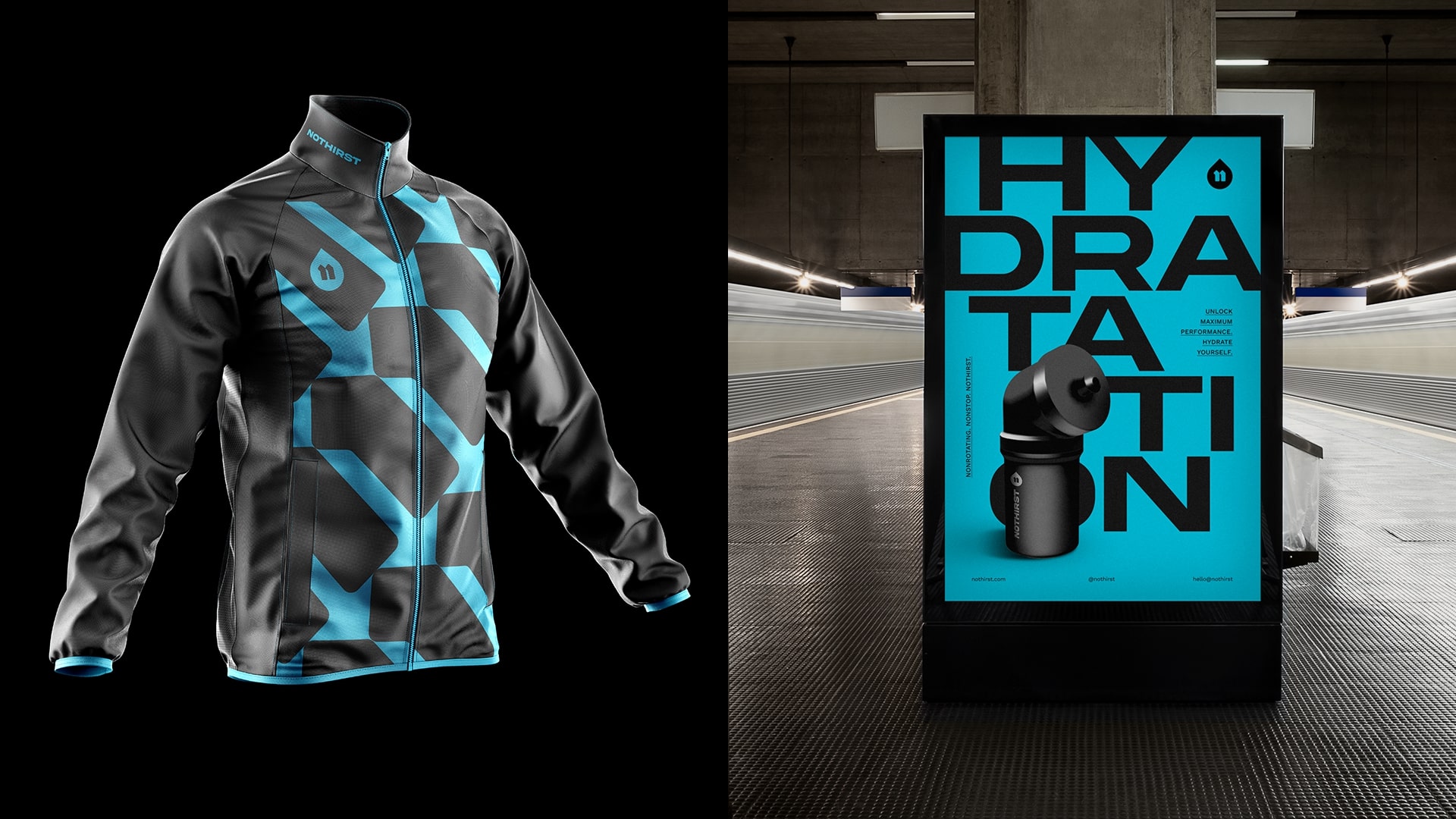 NoThirst 運動生活方式與運動水杯品牌形象vi設計，黑籃配色+幾何底紋輔助圖形