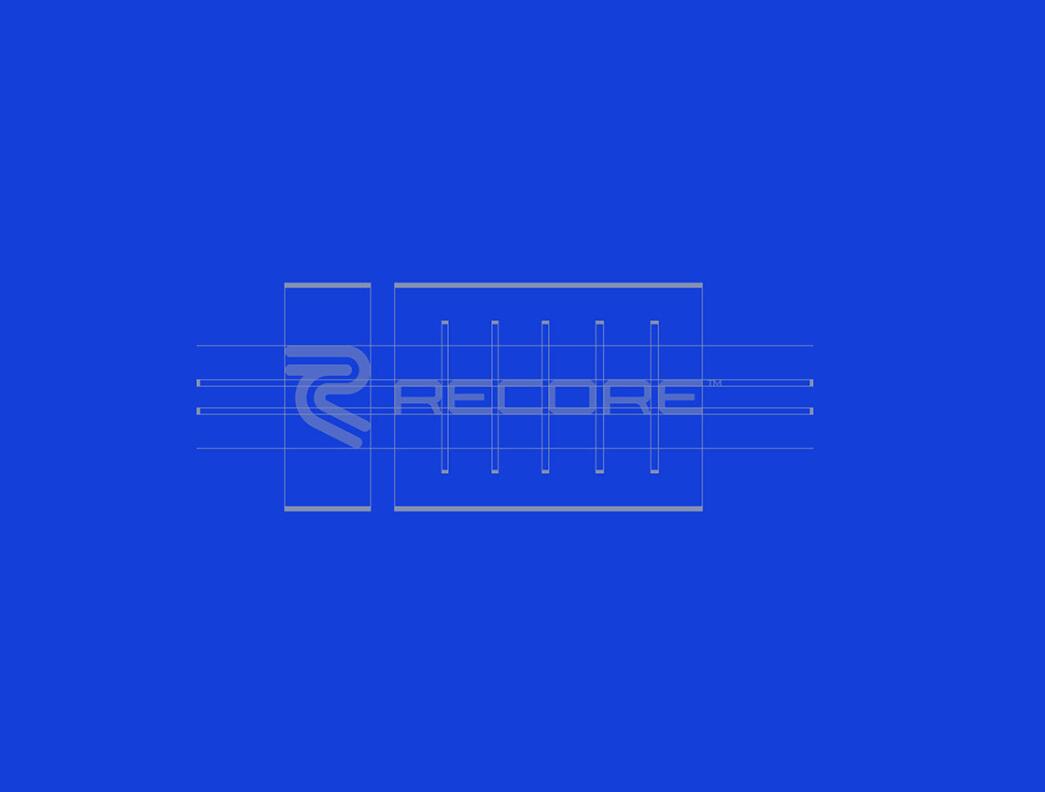 Recore 航運公司logo設計vi設計，雙線條“R”字母與藍灰配色