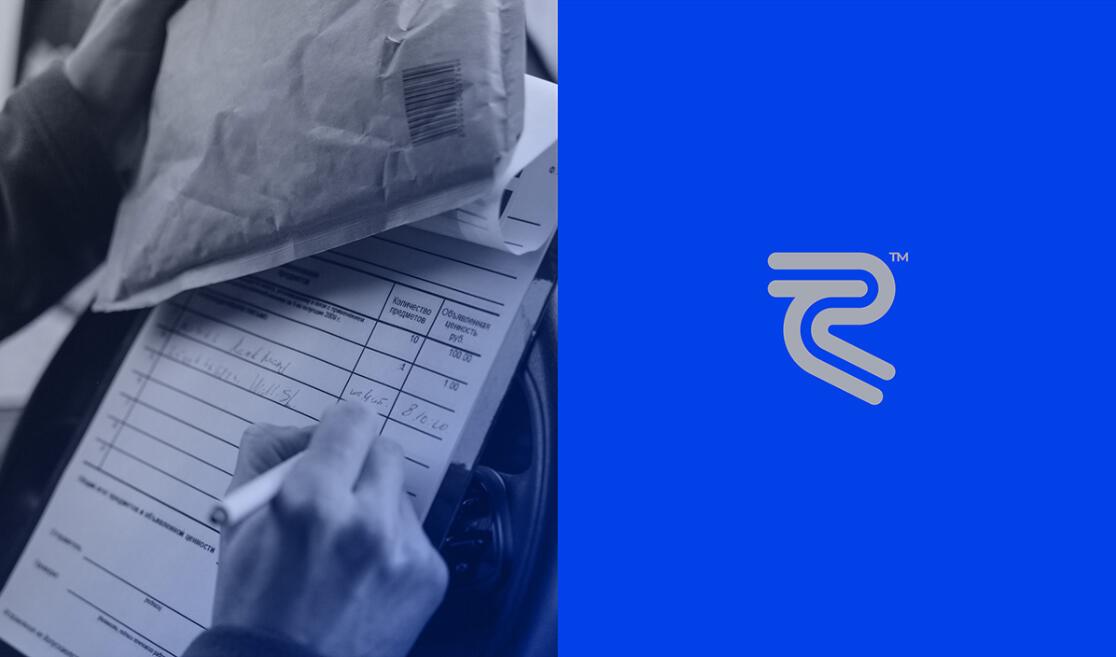 Recore 航運公司logo設計vi設計，雙線條“R”字母與藍灰配色