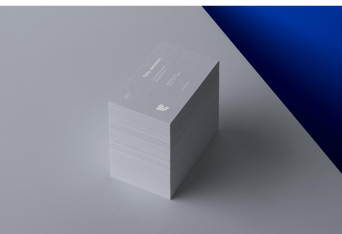 Recore 航運公司logo設計vi設計，雙線條“R”字母與藍灰配色