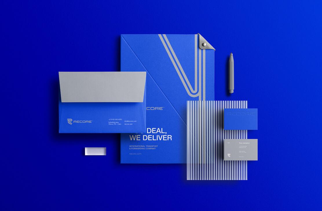 Recore 航運貨運物流公司logo設計vi設計，雙線條“R”字母與藍灰配色