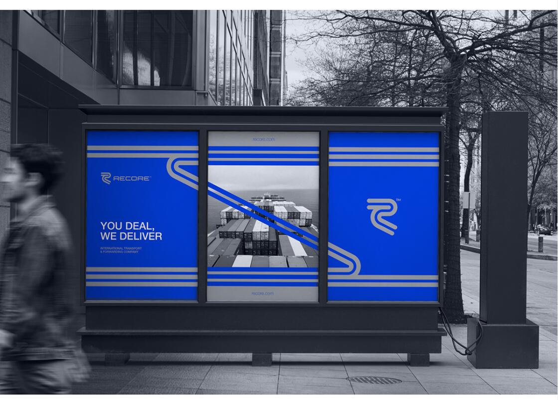 Recore 航運貨運物流公司logo設計vi設計，雙線條“R”字母與藍灰配色