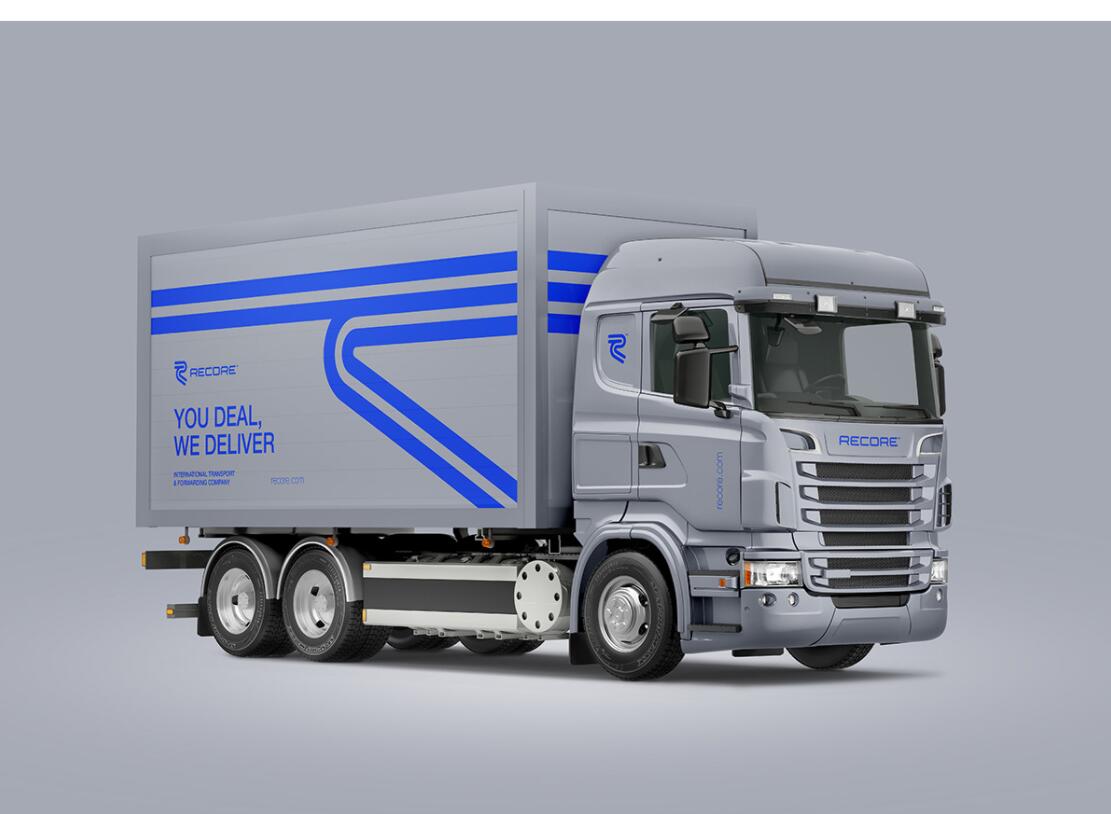 Recore 航運貨運物流公司logo設計vi設計，雙線條“R”字母與藍灰配色