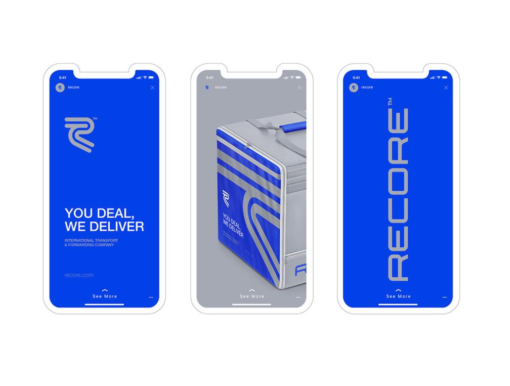 Recore 航運貨運物流公司logo設計vi設計，雙線條“R”字母與藍灰配色