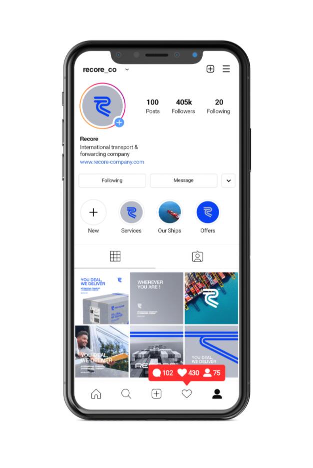 Recore 航運貨運物流公司logo設計vi設計，雙線條“R”字母與藍灰配色