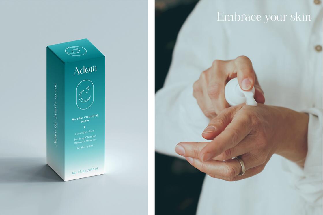 Adora護膚和美容品牌LOGO設計包裝設計，淡雅漸變風格