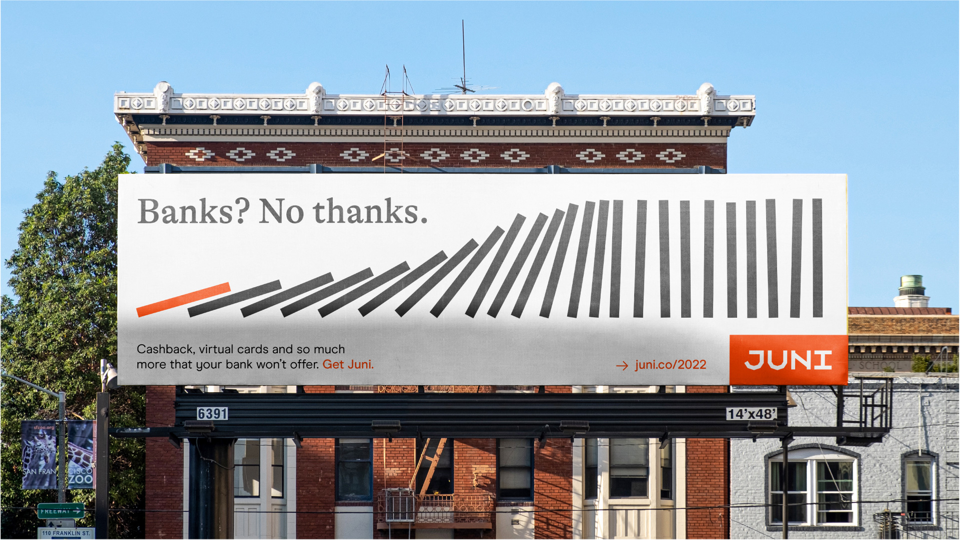 Juni金融科技初創(chuàng)公司logo設(shè)計(jì)品牌形象vi設(shè)計(jì),源自多米諾骨牌粗線條色塊核心視覺-戶外廣告