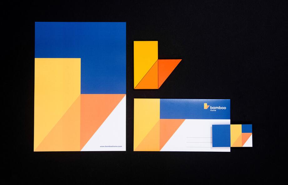 Bamboo Home 建筑公司品牌vis視覺(jué)識(shí)別設(shè)計(jì)，平面幾何色塊構(gòu)建立體效果